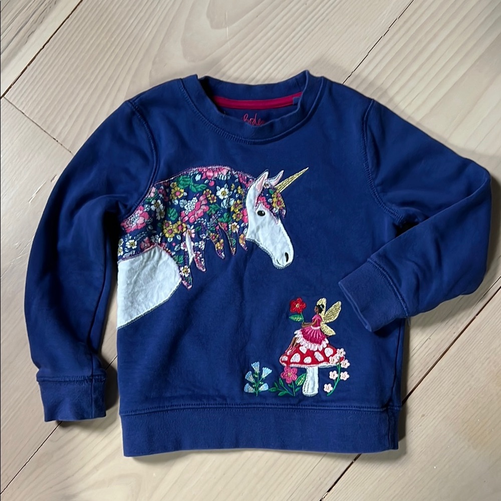 Mini Boden Unicorn and Fairy Appliqué Blue Sweatshirt